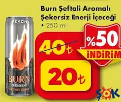 BURN ŞEFTALİ AROMALI ŞEKERSİZ ENERJİ İÇECEĞİ 250 ML